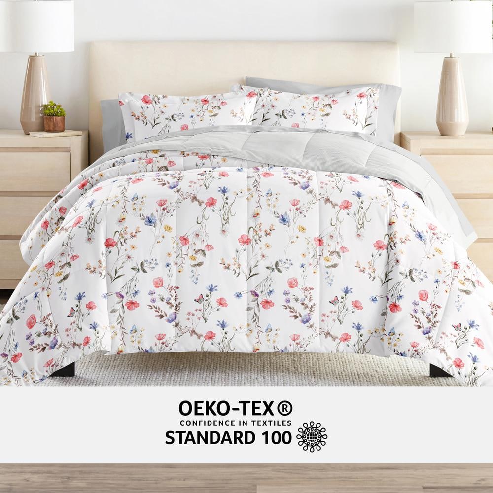 Queen Pink Floral Microfiber Reversible Comforter Set