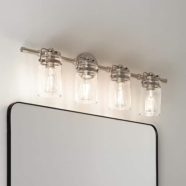 Brinley 32.5 in. 4-Light Brushed Nickel Vintage Bathroom Vanity Light with Clear Glass Shade