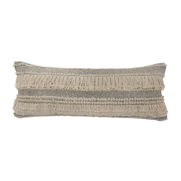LR Home Eleanor Farmhouse Gray Fringed Over-Tufted Soft Poly-Fill 14 in. x 36 in. Indoor Throw Pillow