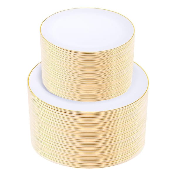 White Plastic Plates with Gold Rim, 200-Count Disposable Dinner and Dessert Sets for Parties for Events