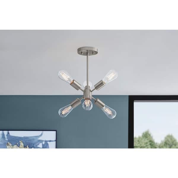 Home Decorators Collection Leonie 16.25 in. 6-Light Brushed Nickel Sputnik Semi-Flush Mount, Industrial Ceiling Light