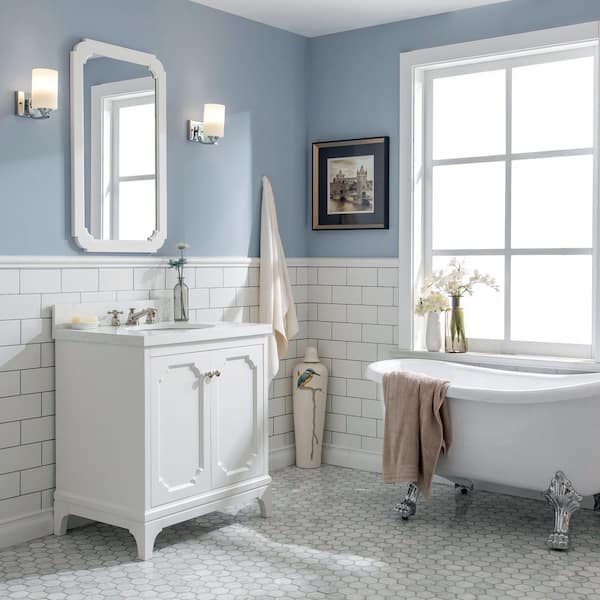 Queen 30 in. Bath Vanity in Pure White with Quartz Carrara Vanity Top with Ceramics White Basins and Mirror
