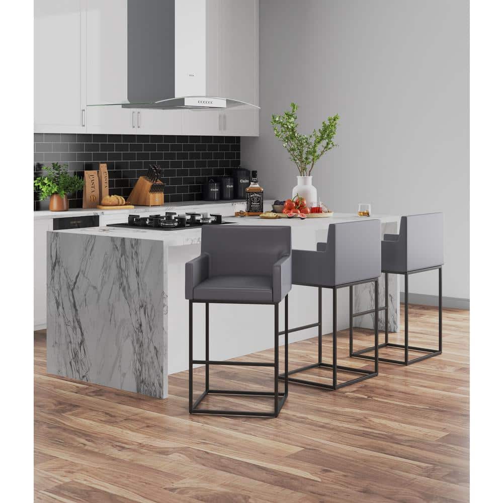 Grey and Black Genuine Leather Metal Barstool Set