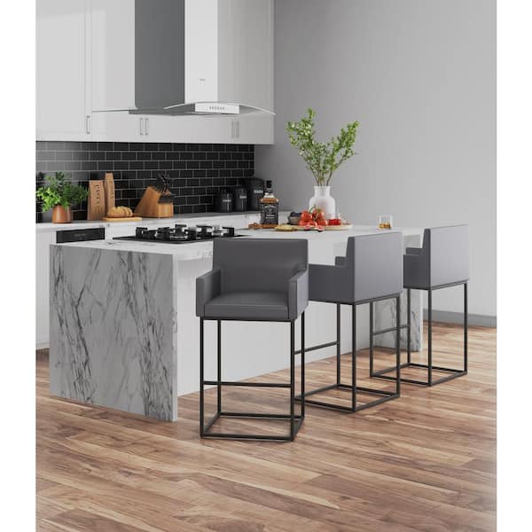 Ambassador 30 in. Grey and Black Metal Bar Stool with Faux Leather Upholstered Seat (Set of 3)