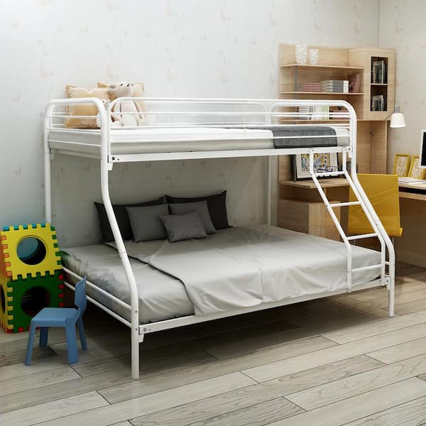 ANBAZAR White Twin Over Full Heavy Duty Metal Bunk Bed with 4-Step Ladder, Kids Metal Bunk Bed Frame with Solid Slats