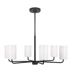 Rhett 6-Light Midnight Black Large Chandelier with Clear/White Glass Shades, No Bulbs Included