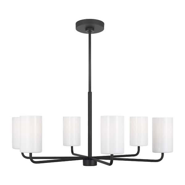 Generation Lighting Rhett 6-Light Midnight Black Large Chandelier with Clear/White Glass Shades, No Bulbs Included