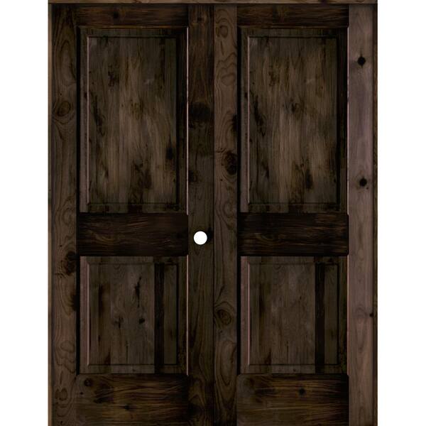 Krosswood Doors 56 in. x 80 in. Rustic Knotty Alder 2-Panel Left Handed Black Stain Wood Double Prehung Interior Door with Square-Top