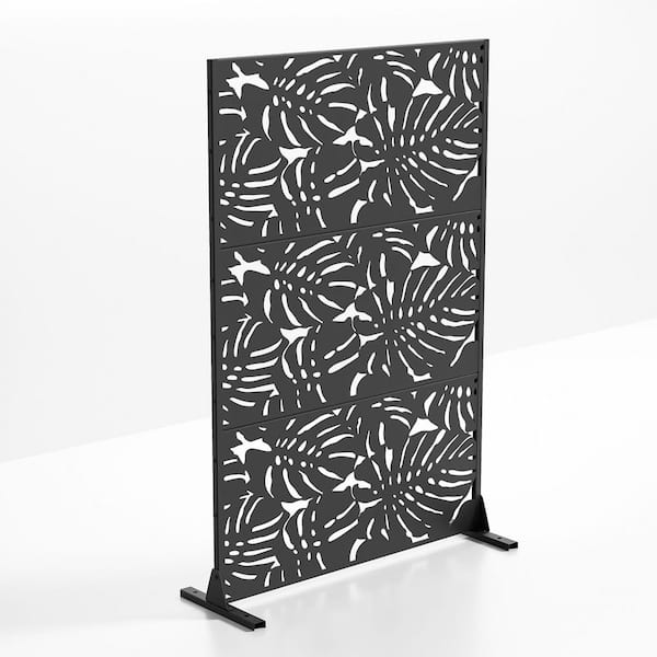 PexFix 72 in. x 47 in. Outdoor Galvanized Metal Privacy Screen Garden Fence in Floral Pattern in Black