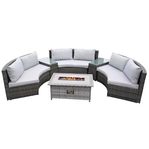 Gray 6-Piece Wicker Patio Conversation Set Rectangle Firepits with Gray Cushions