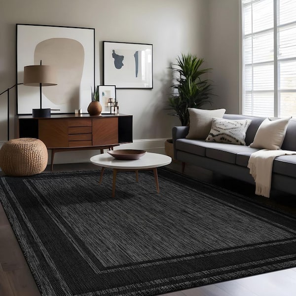Essence Black/Gray 6 x 9 ft. Bordered Easy to Clean Indoor Outdoor Area Rug