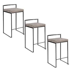 Fuji 27.75 in. Stone Cowboy Fabric and Black Metal Stackable Counter Stool (Set of 3)