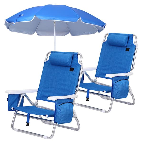 Blue 7-Position Reclining Backpack Beach Chair w/ Cupholder, Cooler, Umbrella and Lightweight Design for Adults (2-Pack)