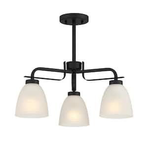 Kaitlen 20.25 in. 3-Light Black Semi-Flush Mount to Chandelier with Etched Glass Shades