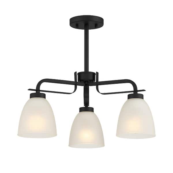 Minka Lavery Kaitlen 20.25 in. 3-Light Black Semi-Flush Mount to Chandelier with Etched Glass Shades