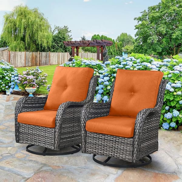 Gymojoy Carolina Gray Wicker Outdoor Rocking Chair with Orange Cushion 2-Pack