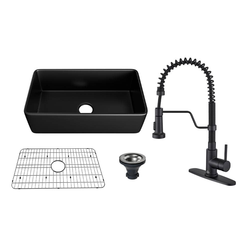 All-in-One 33 in. Farmhouse/Apron-Front Single Bowl Fireclay Kitchen Sink with Kitchen Faucet, Grid, and Basket Strainer price history on PriceWatchPro
