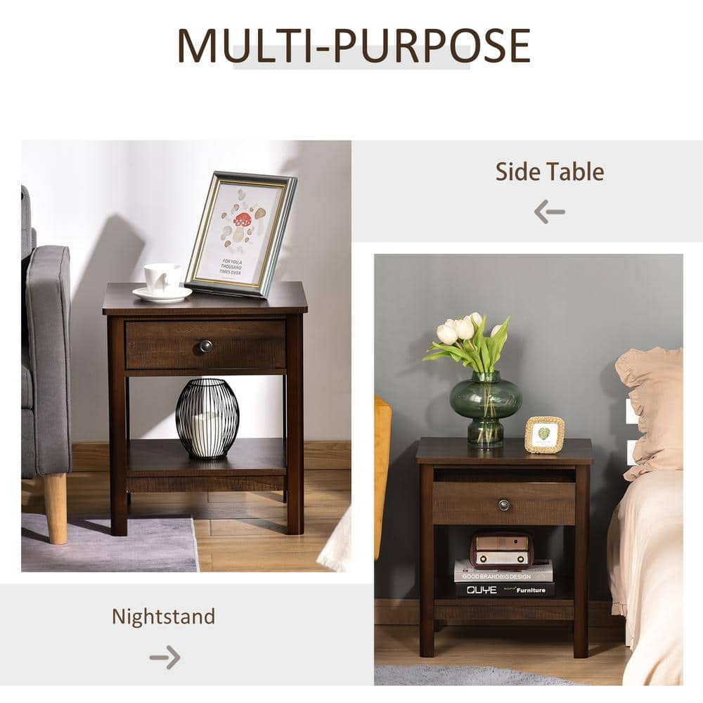 Dark Brown Wood End Table with Drawer and Shelf