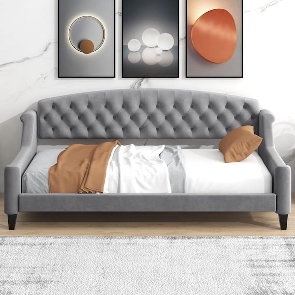 Gray Twin Size Upholstered Daybed with Tufted Button
