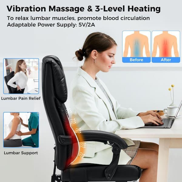 Hoffree Faux Leather Heated Executive Office Chair with Vibration Function  in Black with Padded Arms POA10975776
