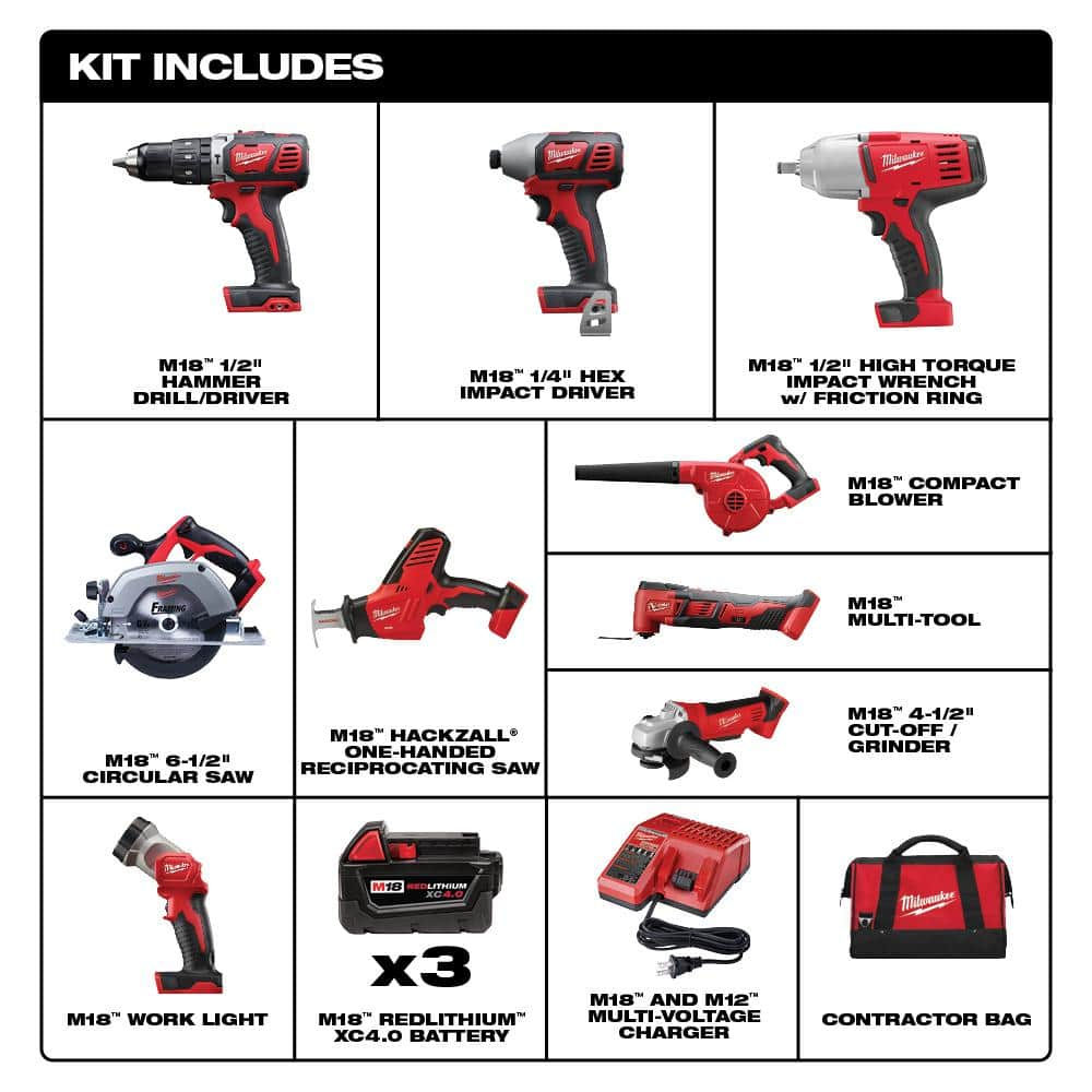 Milwaukee M18 18V Lithium-Ion Cordless Combo Tool Kit (9-Tool) with (3) 4.0 Ah Batteries, Charger and Tool Bag