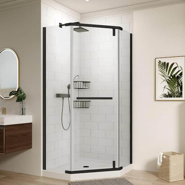 TOOLKISS 34.75 in. W x 72 in. H Neo-Angle Pivot Semi Frameless Corner Shower Enclosure in Matte Black with Clear Glass