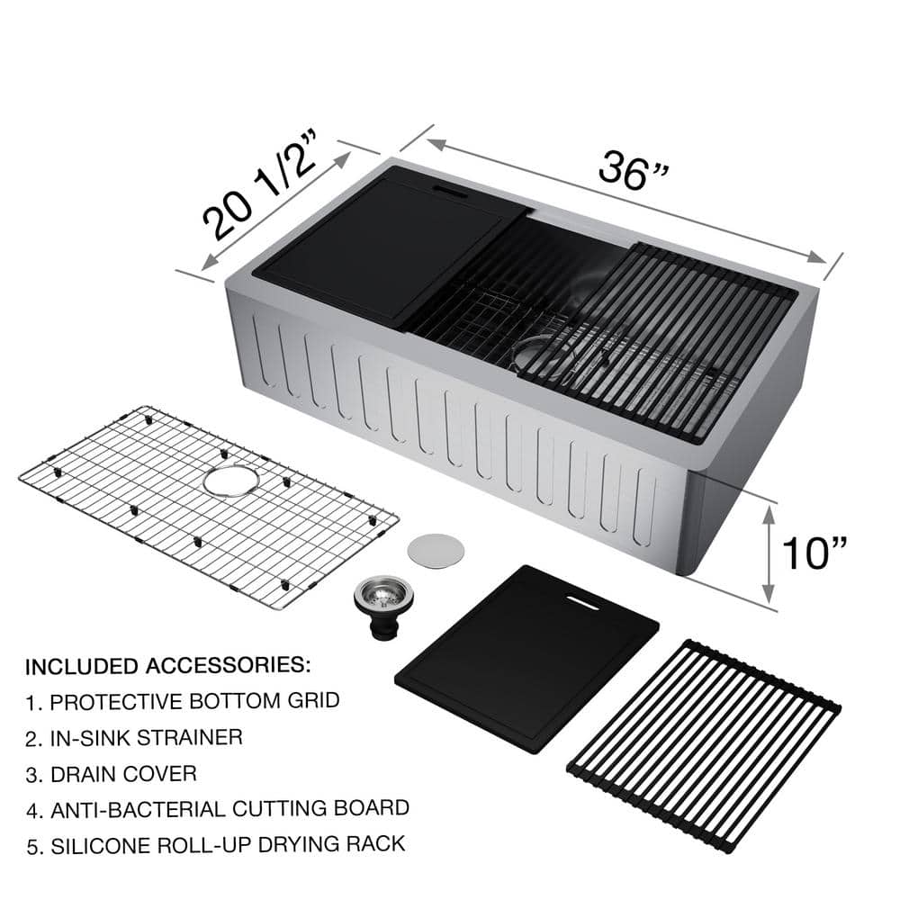 Oxford 36" Stainless Steel Farmhouse Kitchen Sink with Accessories