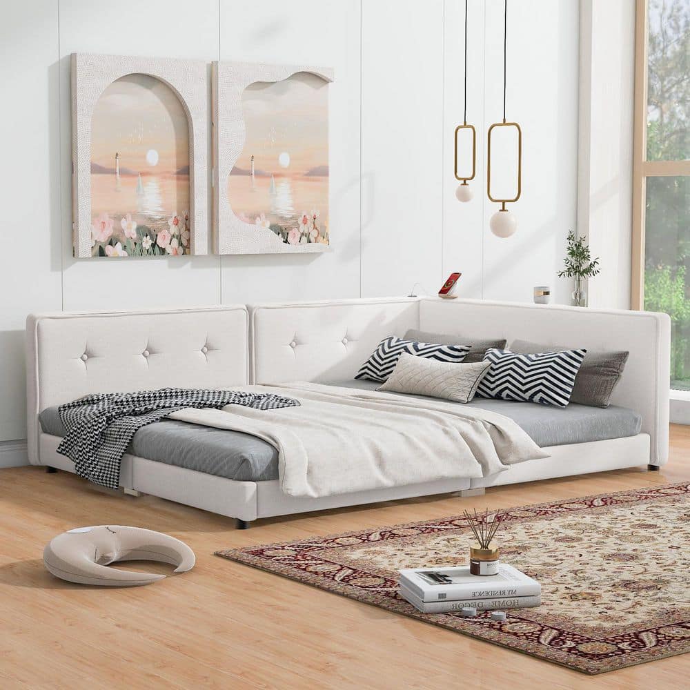 Beige Wood Frame Queen Size Upholstered Platform Bed with USB Ports price history on PriceWatchPro