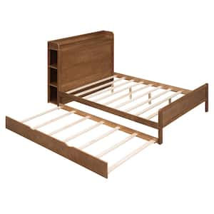 Walnut Brown Wood Frame Full Platform Bed with Trundle and Storage Headboard