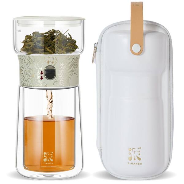 1.5-Cup White Dragon Glass Tea Pot for Loose Tea Diffusers with Insulated Mug and Portable Tea Kits, Smart One Touch