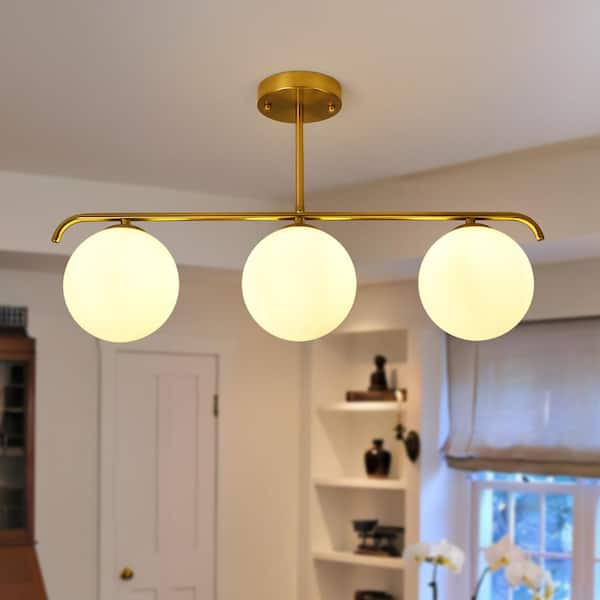 GoYeel 3-Light Gold Modern/Contemporary Kitchen Island Light with White Globe Glass Shade