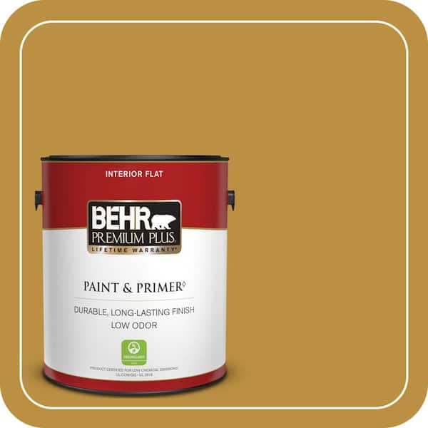 BEHR PREMIUM PLUS 1 gal. #340D-6 Fervent Brass Flat Low Odor Interior Paint & Primer