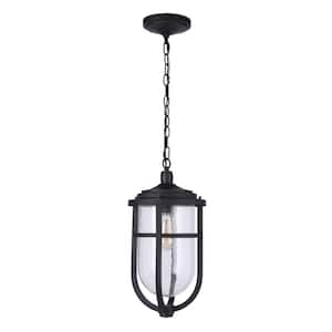 Voyage 19 in. 1-Light Midnight Finish Dimmable Outdoor Pendant Light with Seeded Glass Shade, No Bulbs Included