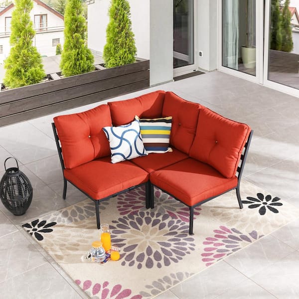 Patio Festival 3-Piece Metal Corner Chair Outdoor Sectional with Red Cushions