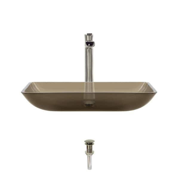 MR Direct Glass Vessel Sink in Taupe with 731 Faucet and Pop-Up Drain in Brushed Nickel