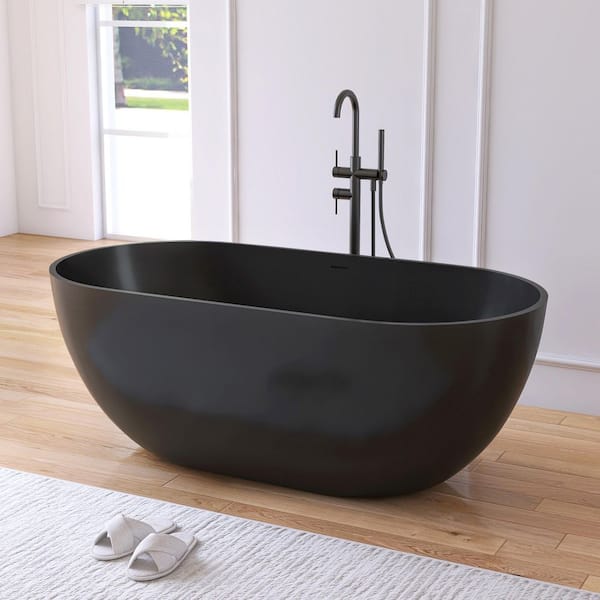 Ariana 59 in. x 29.5 in. Stone Resin Solid Surface Flatbottom Freestanding Soaking Bathtub in Black