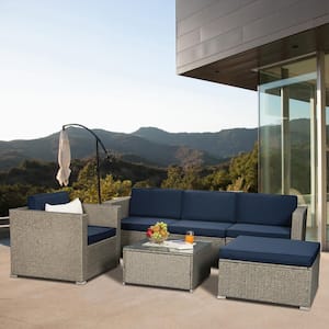 Gray 6-Piece PE Rattan Wicker Patio Conversation Sectional Seating Set with Navy Cushions with 1 Beige Pillow