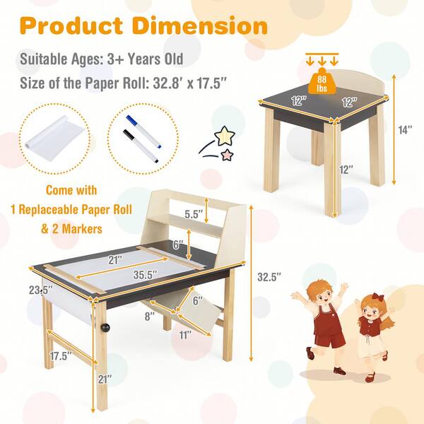 Childrens Table and Chairs, Kids Desk and Chair Set, Activity Table With  Roll Paper Holder 