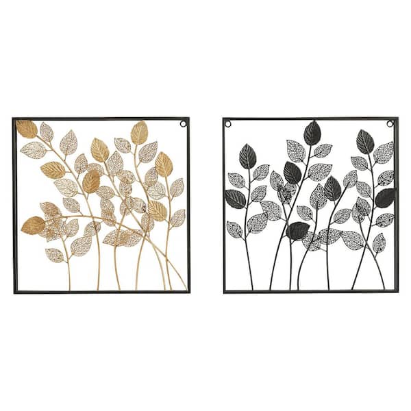 FUIN Austi 2-Piece Black and Gold Metal Leaves Wall Decor Set