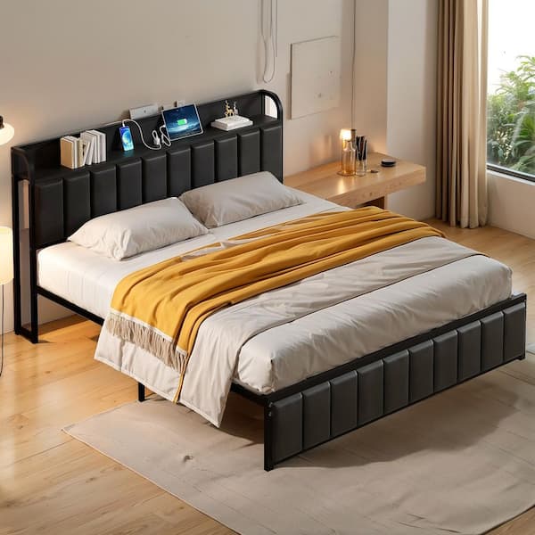 Queen Bed Frame, Black Metal Frame Platform Bed Upholstered Headboard with Storage Charging Station, Sturdy Metal Slats
