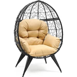 Wicker Egg Chair with Stand Outdoor Indoor Oversized Large Lounger with Cushion Egg Basket Chair, Beige