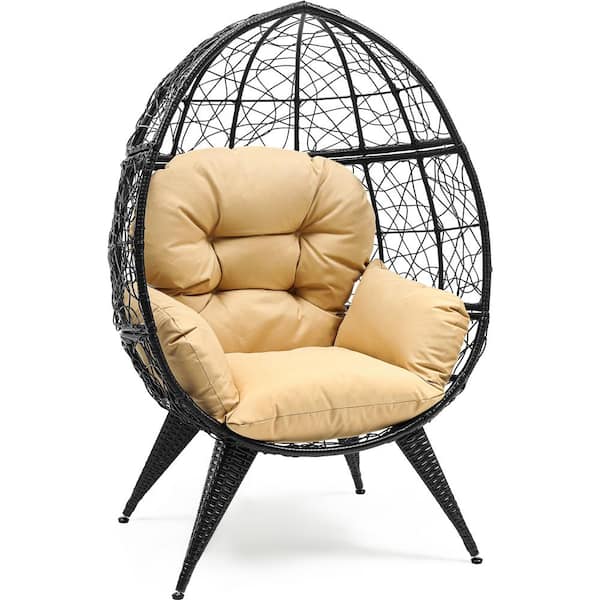 DEXTRUS Wicker Egg Chair with Stand Outdoor Indoor Oversized Large Lounger with Cushion Egg Basket Chair, Beige
