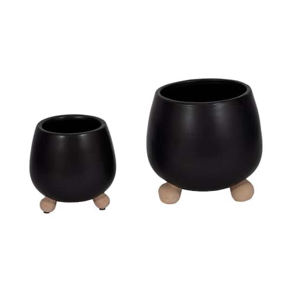 6 in. and 8 in. Black Ceramic Knobby Footed Decorative Planters (Set of 2)