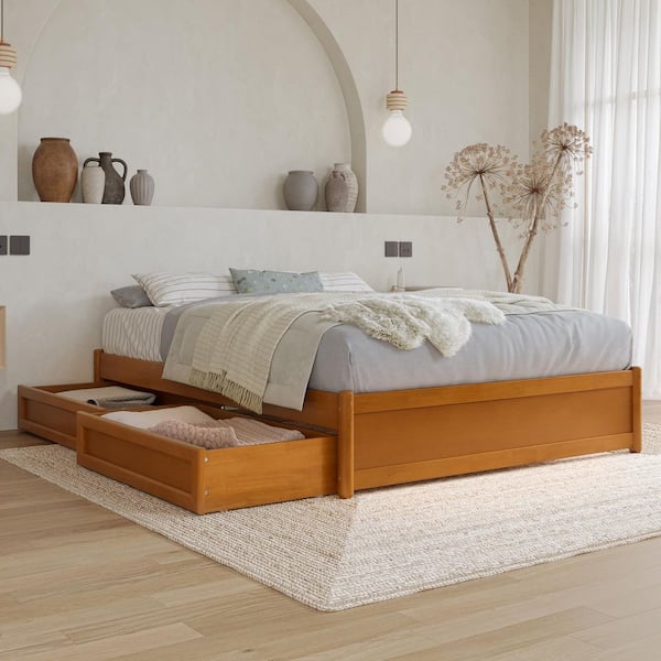Barcelona Light Toffee Natural Bronze Solid Wood Frame Full Panel Platform Bed with Storage Drawers