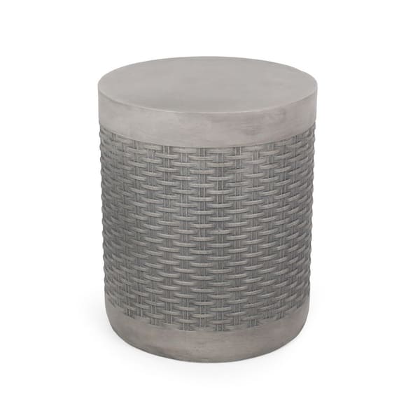 15.75 in. x 18.5 in. Gray Round Composite Outdoor Side Table with Basket Weave Pattern, Lightweight Concrete End Table