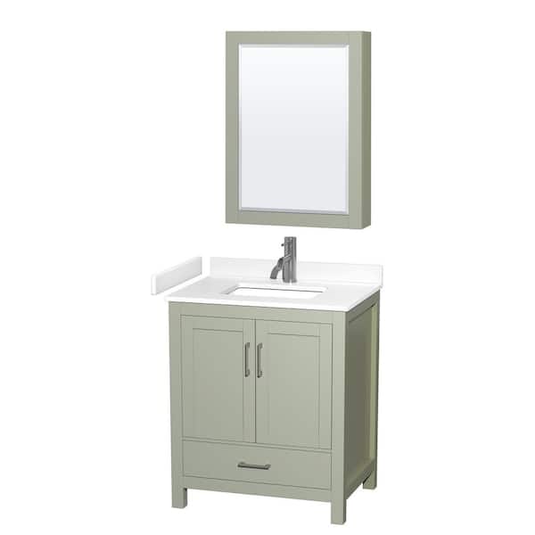 Wyndham Collection Sheffield 30 in. W x 22 in. D x 35 in. H Single Bath Vanity in Light Green with White Cultured Marble Top & MC Mirror