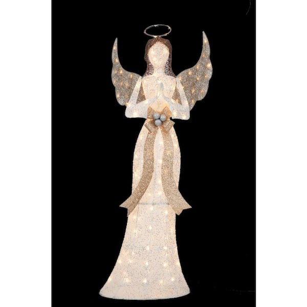 Everstar 60 in. Tall UL White Light Glittering Thread Praying Angel Sculpture