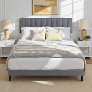 WONDER COMFORT Grey Wood Frame Full Platform Bed with Linen