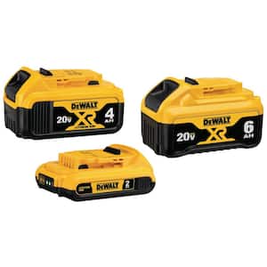 20V MAX XR Premium Lithium-Ion 6.0Ah Battery, 20V MAX XR 4.0Ah Battery, and 20V MAX 2.0Ah Battery
