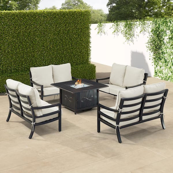 Oakland Living Black 6-Piece Aluminum Patio Fire Pit with 4-Deep Seating Loveseat Light Grey Cushions